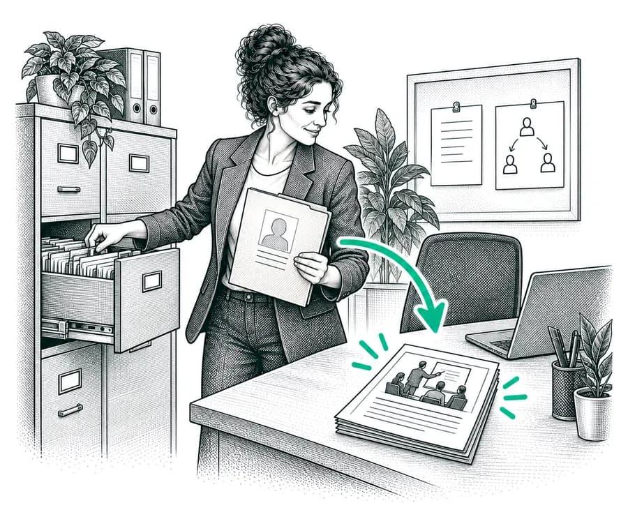 A recruiter takes a file out of her candidate filing cabinet