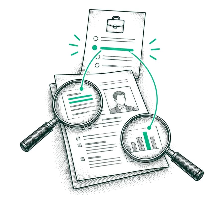 Deux loupes relient une exigence de l’offre à la preuve correspondante dans un CV