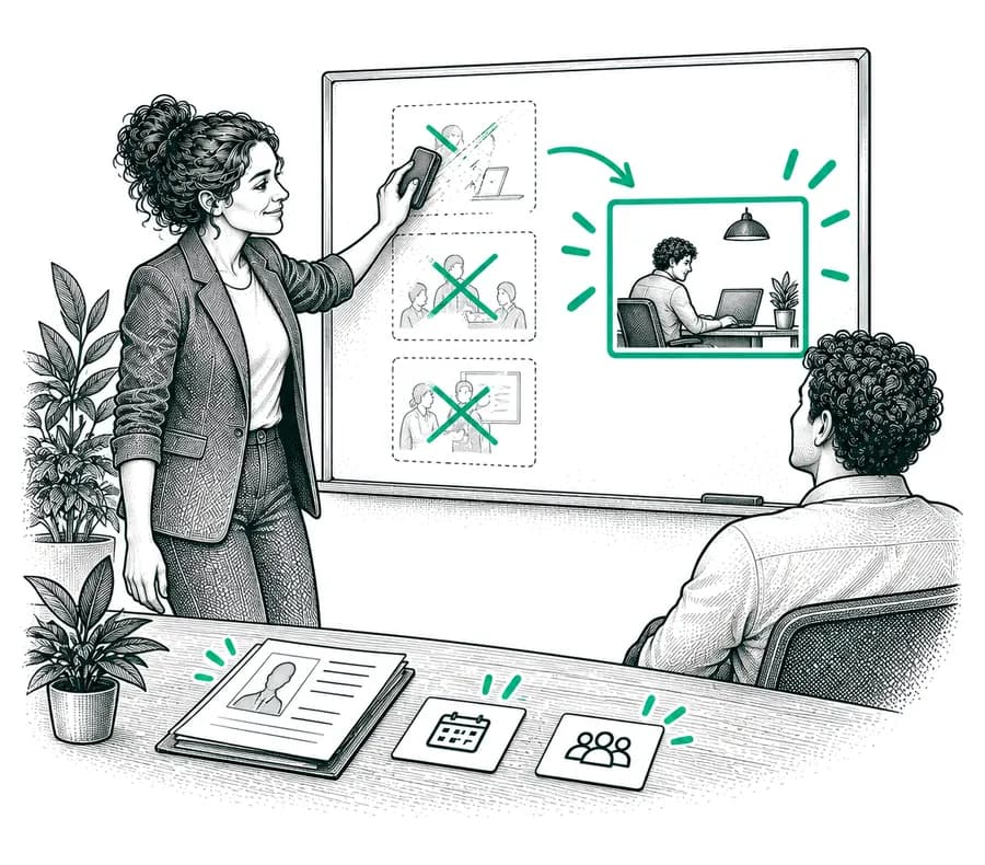 Une recruteuse barre des sujets au tableau devant un candidat