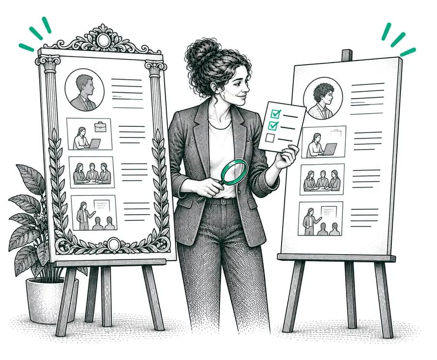 A recruiter presents candidate portraits on easels