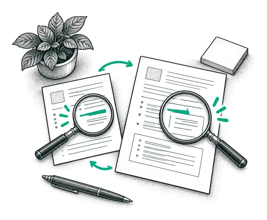 Deux loupes comparent un CV et un second document posés sur la table
