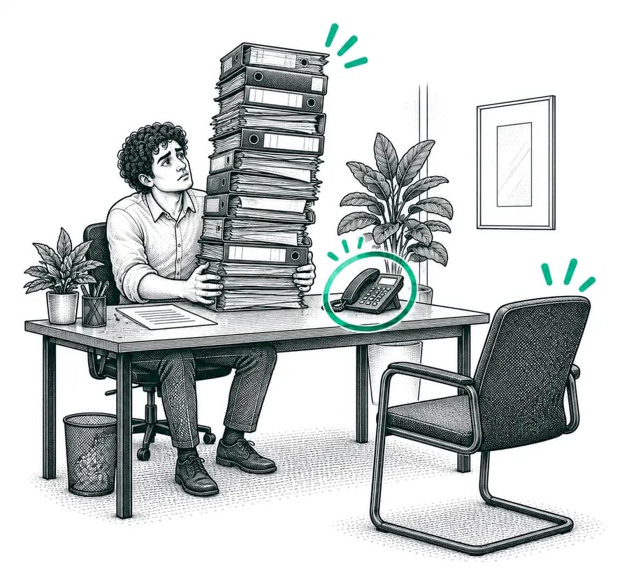 A recruiter sitting behind a stack of files taller than he is