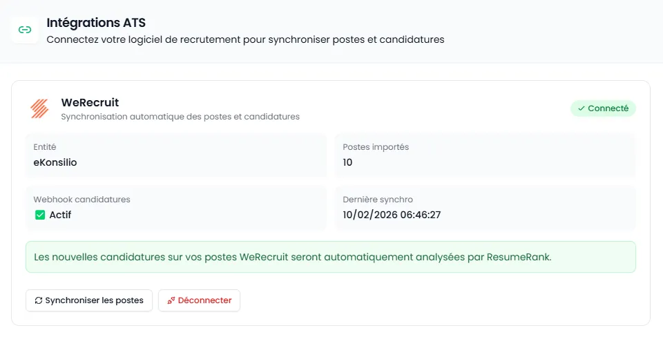 Connexion WeRecruit dans les parametres ResumeRank